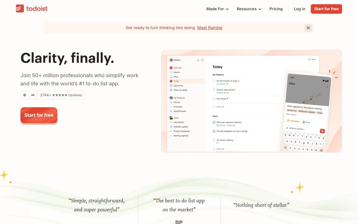 Todoist homepage design, full-page screenshot