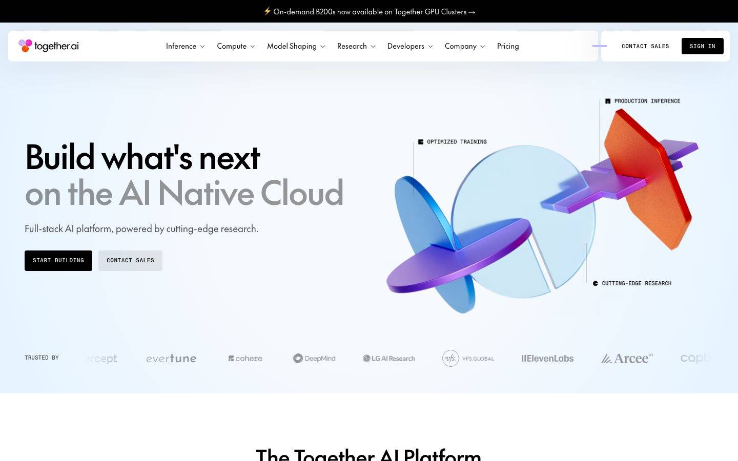 Together.ai homepage design, full-page screenshot