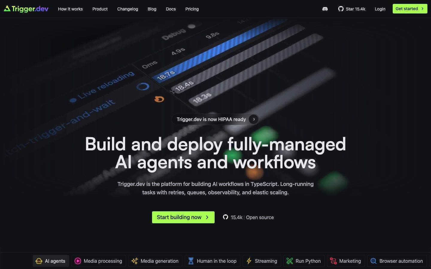 Trigger.dev homepage design, full-page screenshot