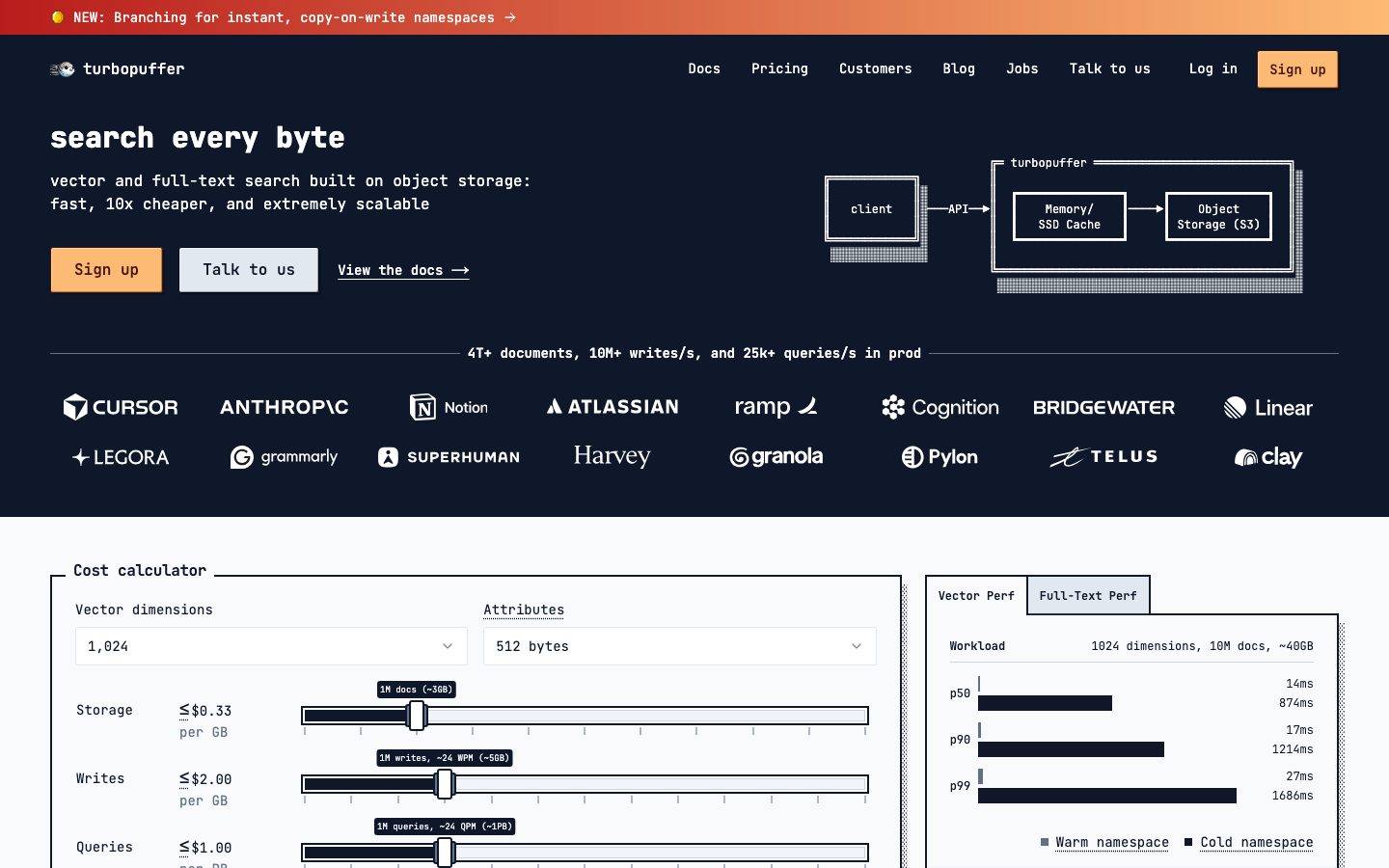 turbopuffer homepage design, full-page screenshot