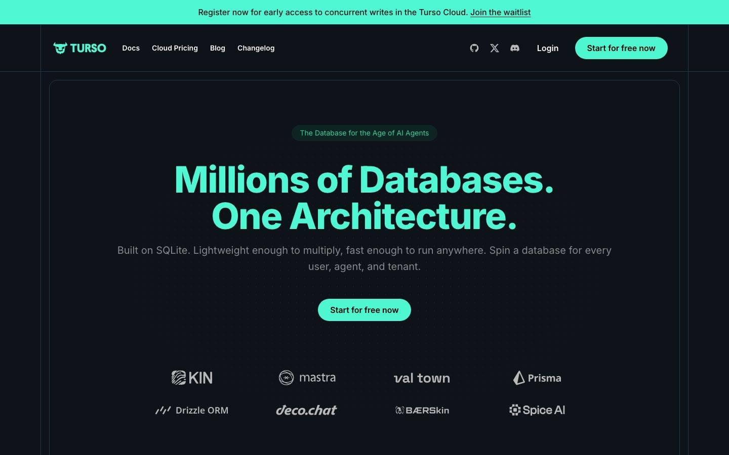 Turso homepage design, full-page screenshot