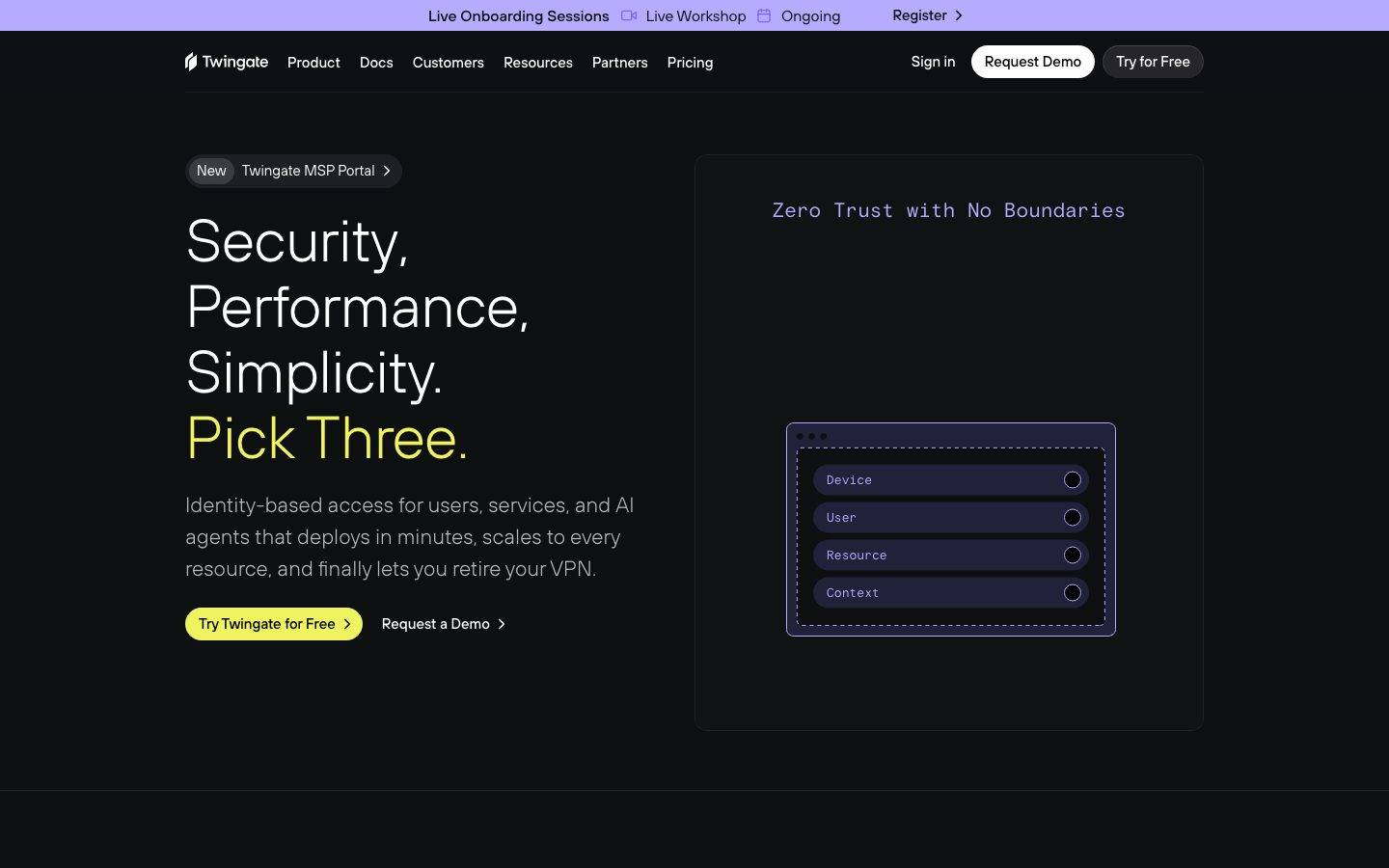 Twingate homepage design, full-page screenshot