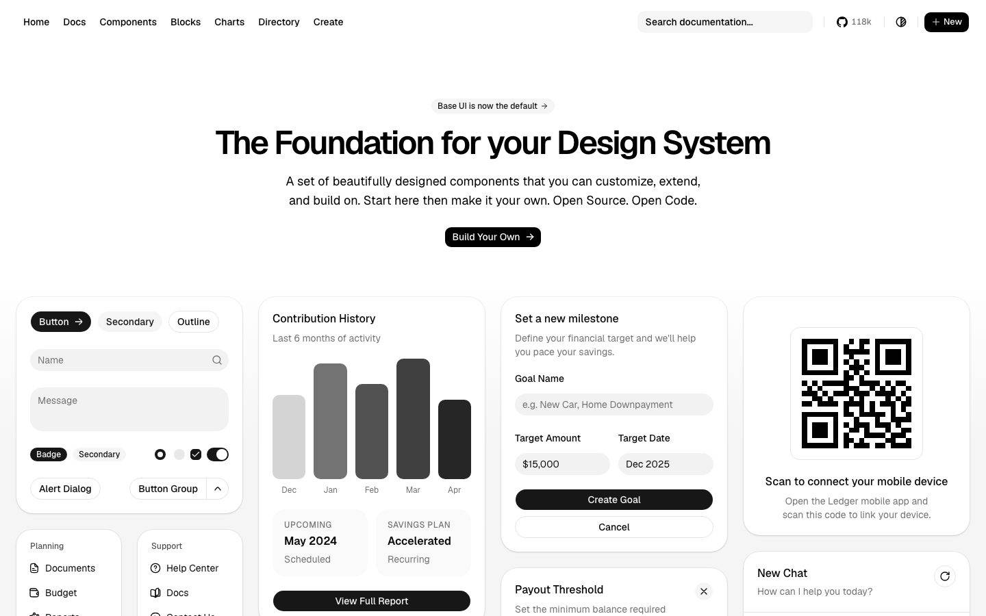 shadcn-ui homepage design, full-page screenshot