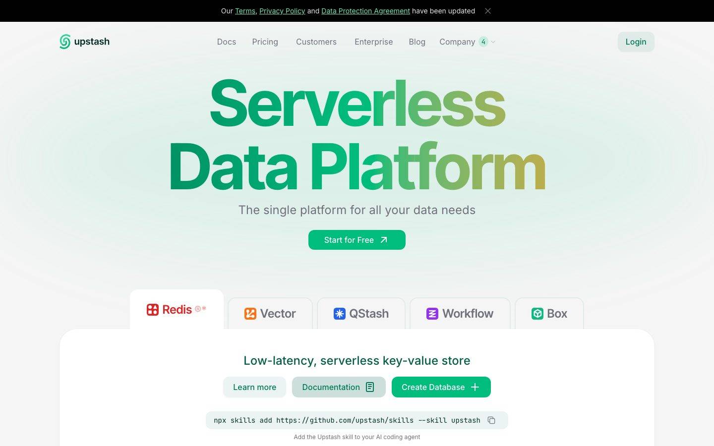 Upstash homepage design, full-page screenshot