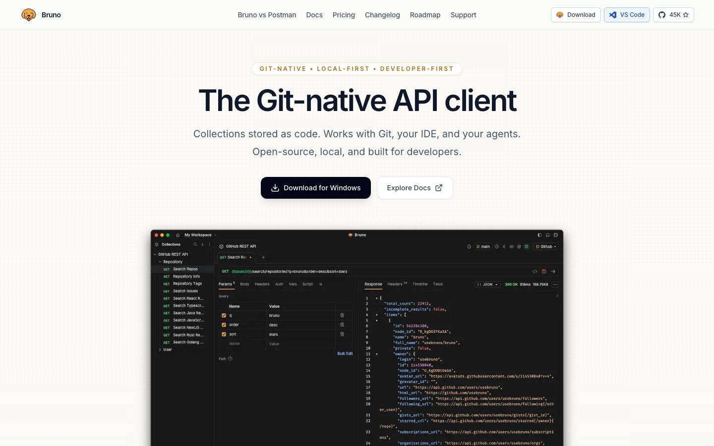 usebruno homepage design, full-page screenshot