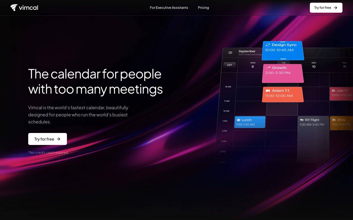 Vimcal homepage design, full-page screenshot