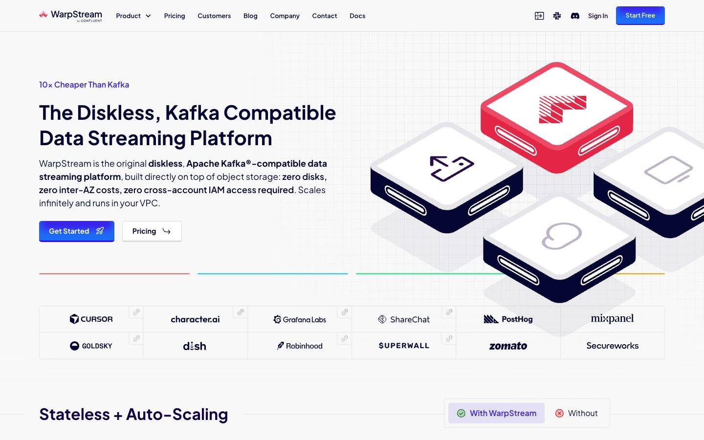 WarpStream homepage design, full-page screenshot