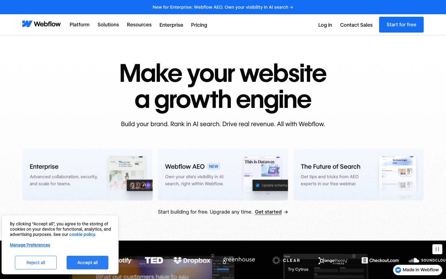 Webflow homepage design, full-page screenshot