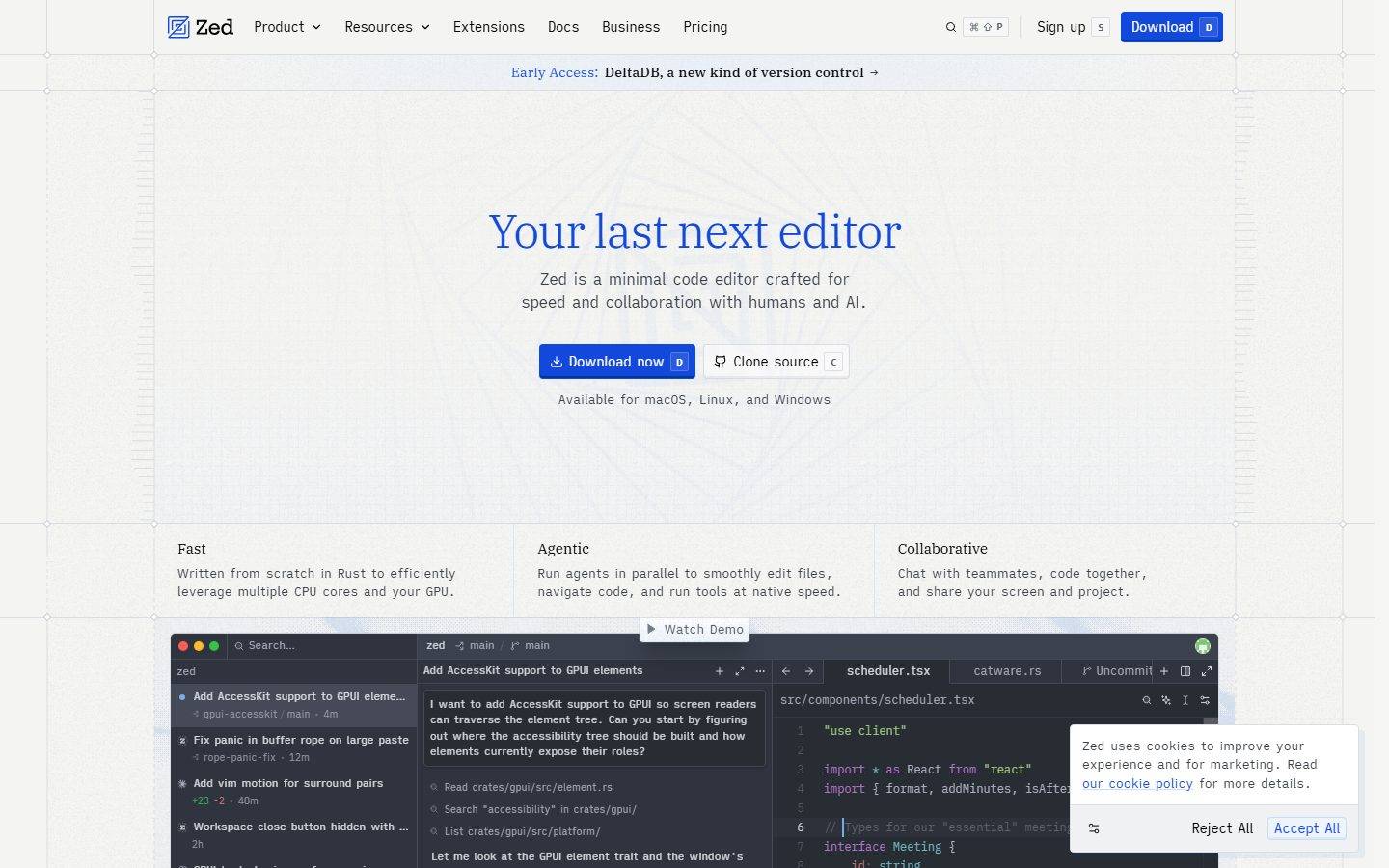 Zed homepage design, full-page screenshot